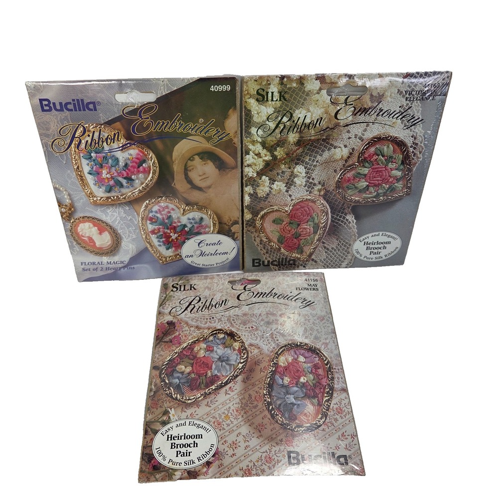 Bucilla Victorian Floral Brooches Pins Set of 3 Silk Ribbon Embroidery Kits New